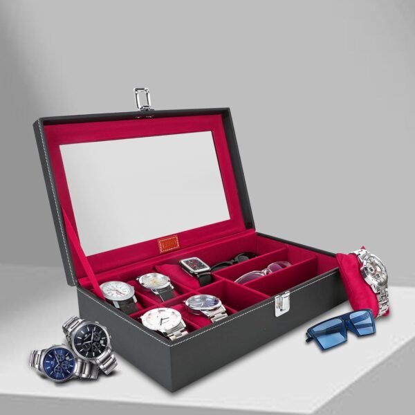 LEDO Watch Case Box and Sunglass Box Holder in PU Leather with 6 Slots for Watches and 3 Slots for Sunglasses Balck & Cherry color