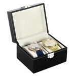 LEDO Men's and Women's Watch Box Holder Organizer Case In 2 Slots of watches In PU Leather with Black & Cream color