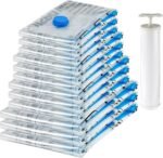 amazon basics Vacuum Compression Storage Bags with Hand Pump - 12-Pack (3 Jumbo, 3 Large, 3 Medium, 3 Small), Plastic | White