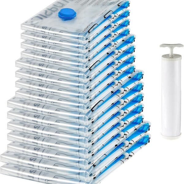 amazon basics Vacuum Compression Storage Bags with Hand Pump - 15-Pack (2 X-Jumbo, 5 Jumbo, 4 Large, 4 Medium)