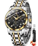 OLEVS Chronograph Watches for Men Original Analog Quartz Black Stainless Steel Chain Luxury Dual Time Zone Moon Phase Date Waterproof Men's Wrist Watch