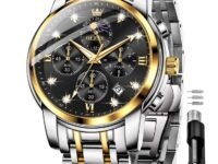 OLEVS Chronograph Watches for Men Original Analog Quartz Black Stainless Steel Chain Luxury Dual Time Zone Moon Phase Date Waterproof Men's Wrist Watch