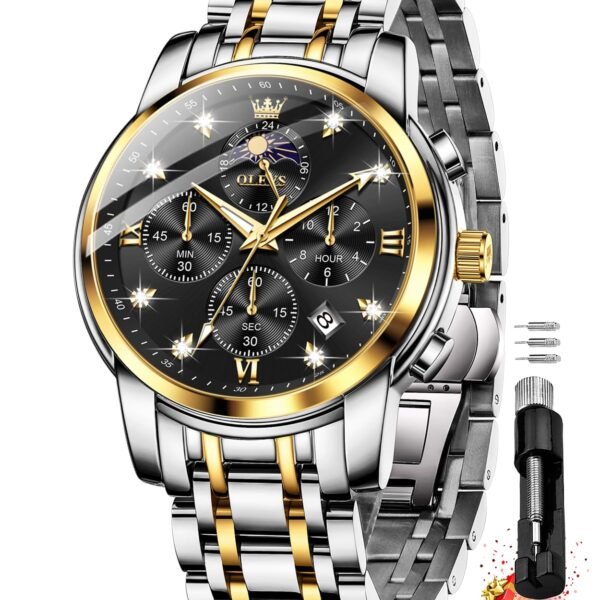 OLEVS Chronograph Watches for Men Original Analog Quartz Black Stainless Steel Chain Luxury Dual Time Zone Moon Phase Date Waterproof Men's Wrist Watch