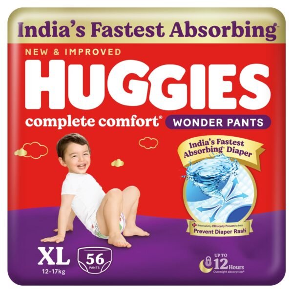 Huggies Complete Comfort Wonder Pants | Pant Style Baby Diapers Extra Large Size (XL), 56 Count | India's Fastest Absorbing Diaper, Prevents Diaper Rash, Ideal for 12 to 17 Kgs