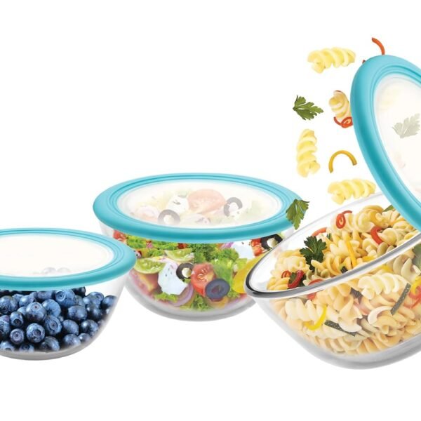 CELLO Ornella Toughened Glass Mixing Bowl with Premium Lid | Microwave Safe & Dishwasher Safe | Clear & Non- Porous Glass | Scratch Resistant | Transparent | (500ml, 1000ml, 1500ml), Set of 3