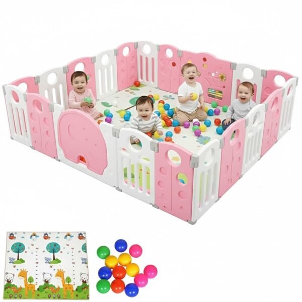 16 panel Playpen for Babies upto 5 year with Mat and Balls Foldable Baby Play Area Indoor Setup Play Yard Fence for Toddlers Kids Playarea Setup Outdoor Children Play Pen with Gate Baby Playpen(5.2*6.1 FT=30 SQFT Pink)