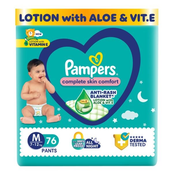 Pampers Complete Skin Comfort Pants, Anti-rash blanket, Lotion with Vitamin E & Aloe Vera, Medium (M), 76 Count, 7-12kg