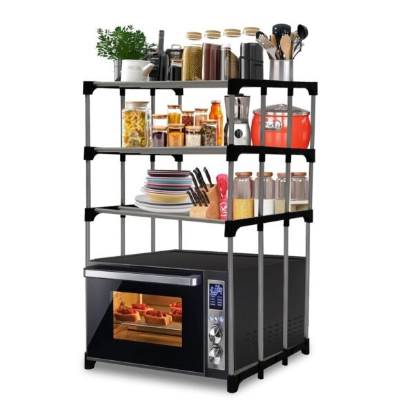 3 Tier Microwave Oven Collapsible Metal Rack Multipurpose Storage Stand for Kitchen Platform and Floor, Space-Saving Organizer Shelf for Microwave and Kitchen Essentials