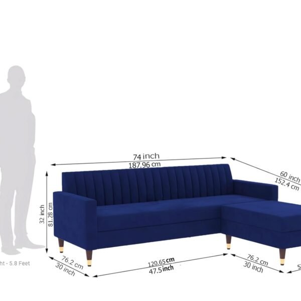 AMATA Elegant Solid Wood 04 Seater L Shape Royal Blue Suede Velvet Sofa Set with Two Cushions Perfect for Home Office Guests Living Room (02 Royal Blue, L Shape)(03 Year Warranty)