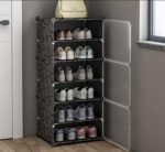 AYSIS Plastic Shoe Rack for Home | 𝟔 𝐒𝐡𝐞𝐥𝐟 DIY Shoe Rack with Door 𝐌𝐚𝐠𝐧𝐞𝐭𝐬 for Home Storage Plastic Box Organizer, Metal Door Frame, Chappal Slipper Sandals Stand (Black, 6-Shelf-3-Door)
