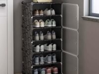 AYSIS Plastic Shoe Rack for Home | 𝟔 𝐒𝐡𝐞𝐥𝐟 DIY Shoe Rack with Door 𝐌𝐚𝐠𝐧𝐞𝐭𝐬 for Home Storage Plastic Box Organizer, Metal Door Frame, Chappal Slipper Sandals Stand (Black, 6-Shelf-3-Door)