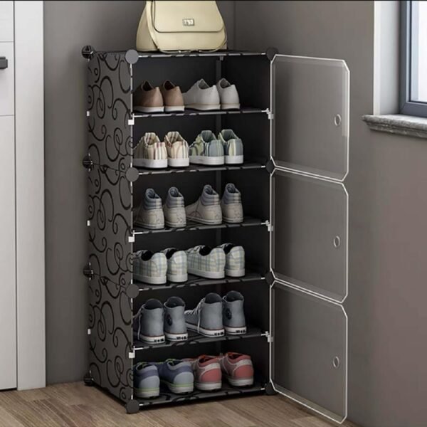 AYSIS Plastic Shoe Rack for Home | 𝟔 𝐒𝐡𝐞𝐥𝐟 DIY Shoe Rack with Door 𝐌𝐚𝐠𝐧𝐞𝐭𝐬 for Home Storage Plastic Box Organizer, Metal Door Frame, Chappal Slipper Sandals Stand (Black, 6-Shelf-3-Door)