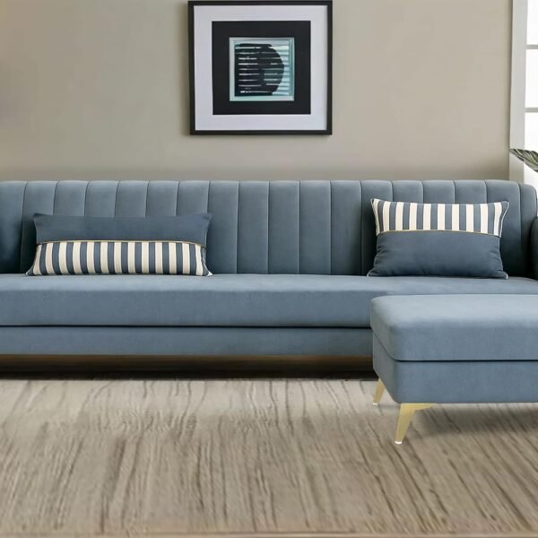 Adorn India Premium Luster 4 Seater L Shape Sofa Set | Velvet Suede Fabric | 3-Year Warranty | Color Grey with Golden Legs & Striped Pattern Cushion