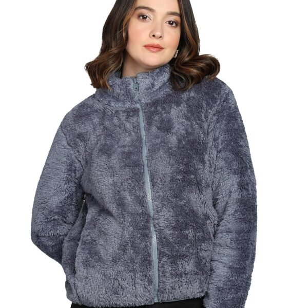 Alan Jones Clothing Women’s Fluffy Yarn Fleece Full-Zip Jacket | Soft Lightweight Warm Outerwear with Stand Collar & Piping at Hem & Cuffs