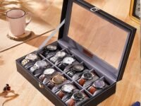 Amazon Basics Unisex Faux Leather Watch Organiser Box with 12 Slots |Watch Organiser with Transparent Lid (Black)