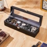 Amazon Basics Unisex Faux Leather Watch Organiser Box with 6 Slots |Watch Organiser with Transparent Lid (Black)