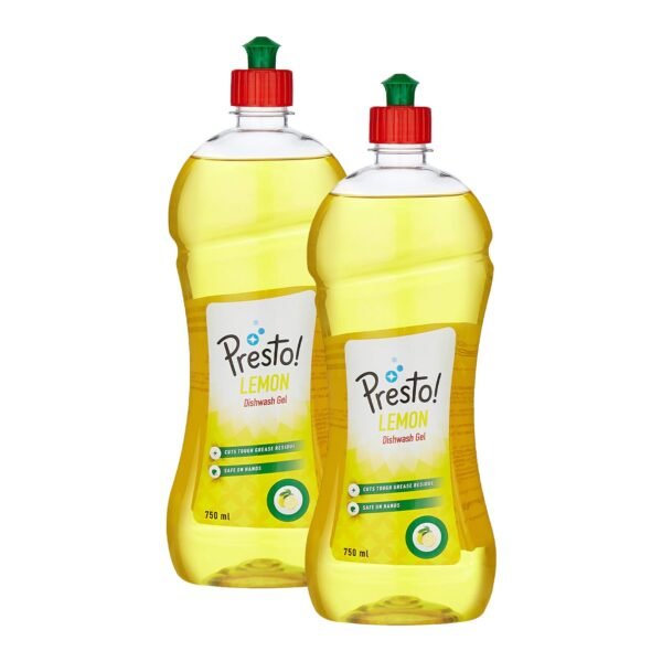 Amazon Brand - Presto! Dishwash Gel | Lemon | 1.5 Litre | 750 Ml X 2 Packs | Leaves No Residue | Grease Cleaner For All Utensils