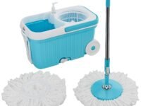 Amazon Brand - Presto! Plastic Elite Spin Mop with Bigger Wheels and Auto- Fold Handle, Blue, 2 Refills
