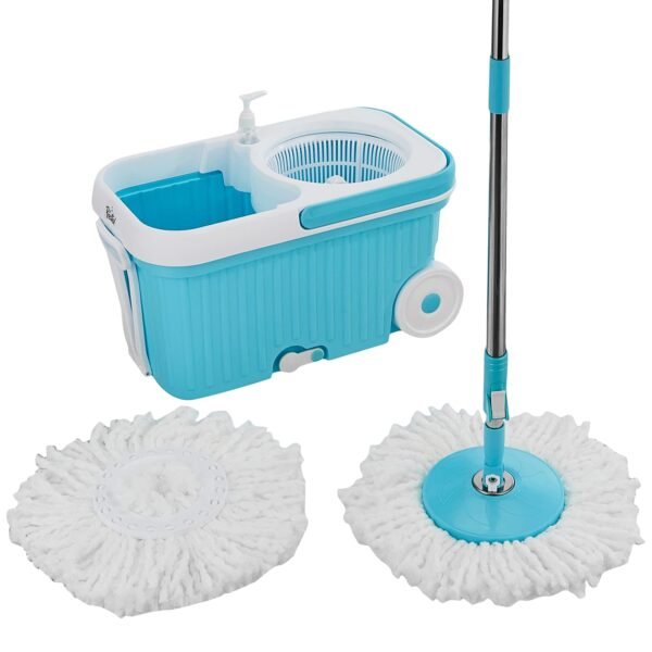 Amazon Brand - Presto! Plastic Elite Spin Mop with Bigger Wheels and Auto- Fold Handle, Blue, 2 Refills