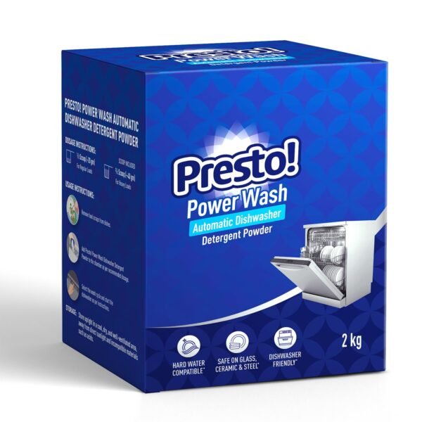 Amazon Brand - Presto! Power Wash Automatic Dishwasher Detergent powder | 2 Kg (Pack 1kg)| Prevents Stains, Removes Limescale | Sparkling Clean Dishes & Glassware, Tough on Stains & Residue