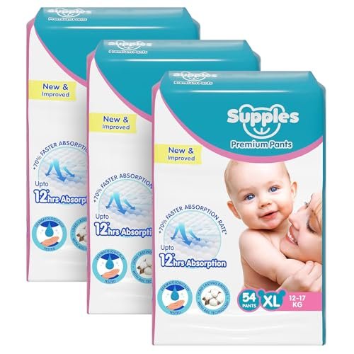 Amazon Brand - Supples Premium Baby Diaper Pants | 162 Baby Diapers | XL | 12-17 Kg | 12 Hrs Absorption | Cushiony Cotton Soft Fabric | Phthalates-Free | Triple Leak Guard | 54 Count, Pack of 3