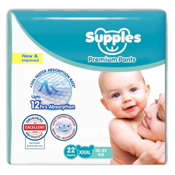 Amazon Brand - Supples Premium Baby Diaper Pants | 22 Baby Diapers | XXXL | 18-35 Kg | 12 Hrs Absorption | Cushiony Cotton Soft Fabric | Phthalates-Free | Triple Leak Guard