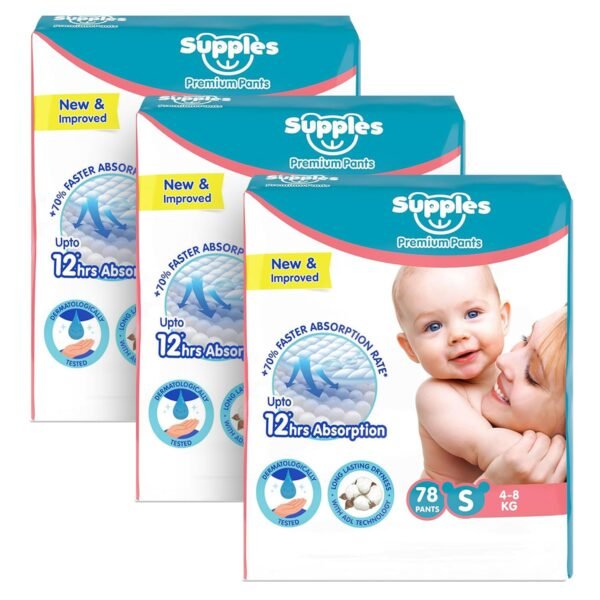 Amazon Brand - Supples Premium Baby Diaper Pants | 234 Baby Diapers | Small | 4-8 Kg | 78 x 3 Packs | 12 Hrs Absorption | Cushiony Cotton Soft Fabric | Phthalates-Free | Triple Leak Guard