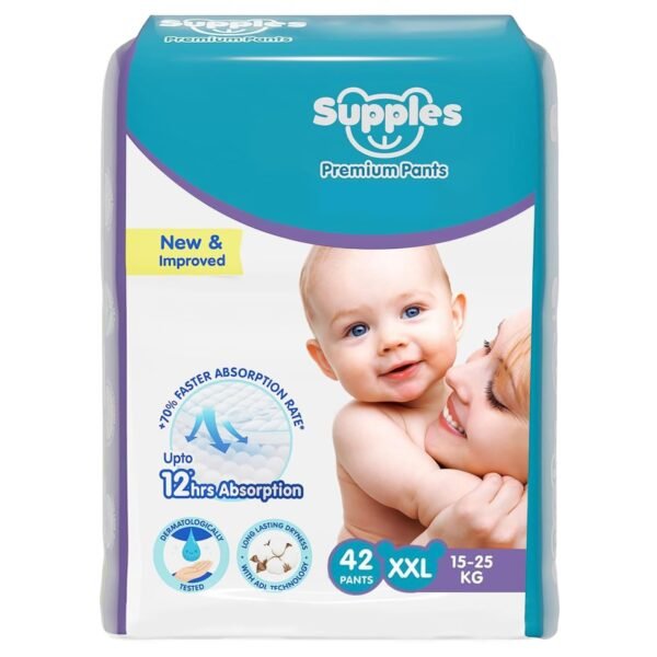 Amazon Brand - Supples Premium Baby Diaper Pants | 42 Baby Diapers | XXL | 15-25 Kg | 12 Hrs Absorption | Cushiony Cotton Soft Fabric | Phthalates-Free | Triple Leak Guard