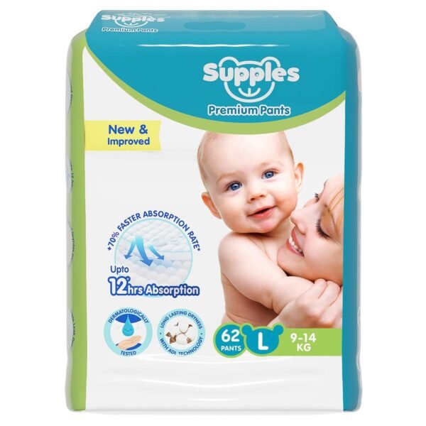 Amazon Brand - Supples Premium Baby Diaper Pants | 62 Baby Diapers | Large | 9-14 Kg | 12 Hrs Absorption | Cushiony Cotton Soft Fabric | Phthalates-Free | Triple Leak Guard