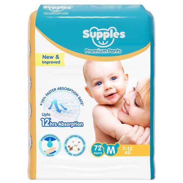 Amazon Brand - Supples Premium Baby Diaper Pants | 72 Baby Diapers | Medium | 7-12 Kg | 12 Hrs Absorption | Cushiony Cotton Soft Fabric | Phthalates-Free | Triple Leak Guard