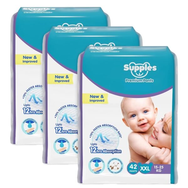 Amazon Brand - Supples Premium Diapers, XX-Large (XXL), 126 Count, 15-25 Kg, 12 hrs Absorption Baby Diaper Pants