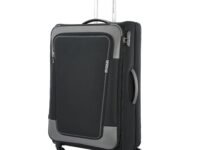 American Tourister Large ICOR () 82cms|Carry On Trolley Bag for Travel|Wet Pocket| Expandable|Polyester Luggage|Combination Lock| 4 Wheel Spinner Suitcase for Men & Women (Black)|Light Weight & Durable