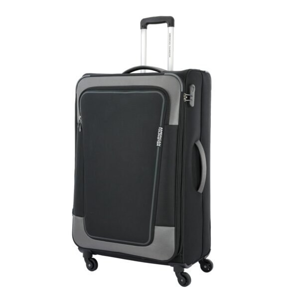 American Tourister Large ICOR () 82cms|Carry On Trolley Bag for Travel|Wet Pocket| Expandable|Polyester Luggage|Combination Lock| 4 Wheel Spinner Suitcase for Men & Women (Black)|Light Weight & Durable
