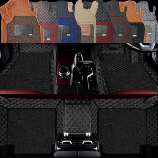 AutoClow Premium 7D Car Mat Full Set for Honda Amaze (Model:2018-2024) || Luxury Leather Dual-Stitch Full Set 7D Car Floor Mat || 100% Waterproof || Color : Black-Silver (Design-1)