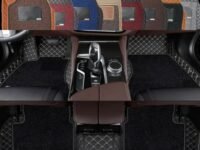 AutoClow Premium 7D Car Mat Full Set for Maruti Suzuki Dzire (Model-2014-2017) || Luxury Leather Dual-Stitch Full Set 7D Car Floor Mat || 100% Waterproof || Color : Black-Golden (Design-1)