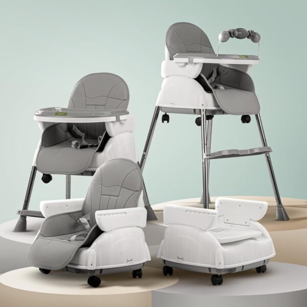 BAYBEE 4 in 1 Convertible High Chair with Adjustable Height and Footrest,Baby Toddler Feeding Booster Seat with Tray,Wheels,Safety Belt and Cushion,for Boys & Girls 6 Months to 3 Yrs (Nora Grey)