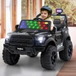 BAYBEE Bronco Battery Operated Jeep For Kids,Ride On Toy Kid Car With RGB Windshield Light & Music,Electric Jeep Battery Car,Baby Big Cars For Kids To Drive 3 To 8 Years(Bronco Police Edition),Black