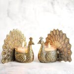 BEHOMA Aluminium Dancing Peacock Pair Figurine for Good Luck & Love | for Home Decor Tabletop Living Showpiece for Valentine's Day, (Scented Glass Votive Candle Included), Set of 2, Gold,18.5 cm,11 cm