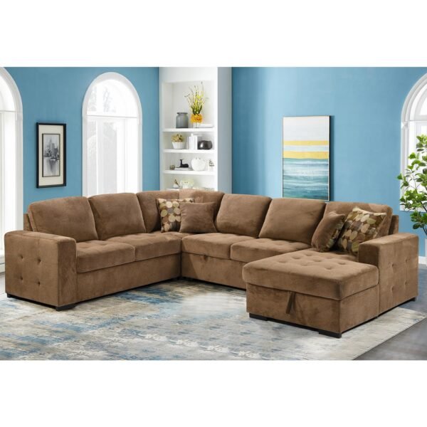 BURRAQUE Sectional Sleeper Sofa with Pull Out Bed and Storage Chaise, U Shape Sectional Sofa Bed, Oversized Sectional Sleeper Couch for Living Room Brown