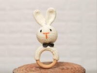 Baby Rattle for Newborn - Crochet Bunny Toy, Natural Wool Music Shaker for Hand Grips, First Gift for Boy Girl, Rabbit 1 PCS Combo, Wood