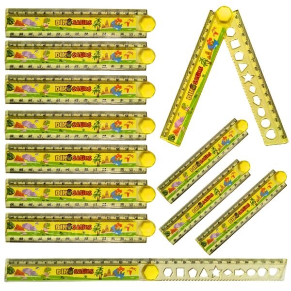Birthday Popper 12 Pcs Dino Theme Foldable Scale as Birthday Return Gift for Kids - 30 cm Ruler Set | Multifunctional Ruler with Geometric Stencil, Drawing Template| School Stationery for Boys & Girls