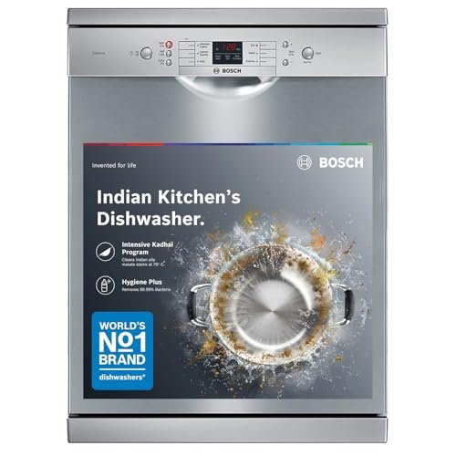 Bosch 13 Place Setting Dishwasher with Intensive Kadhai Program, No Pre-Rinse, 70⁰ Hot water wash, Half Load Option & Extra Cutlery Box - (SMS66GI01I, Silver, Glass Protection Technology)
