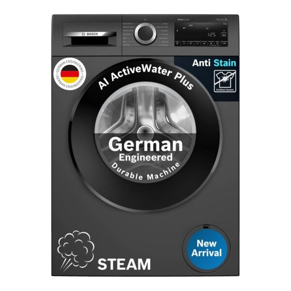 Bosch 9 kg, 5 Star, Anti Stain & AI Active Water+ Fully Automatic Front Load Washing Machine (WGA1420TIN, Pretreatment & Steam with Anti Bacteria, In-built Heater, Black Grey)
