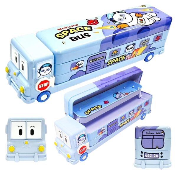 Brand Conquer Bus Shape Pencil Box School Bus Metal Geometry Box Space Figure Set for Kids Magic Bus with Moving Tyres with 3 Compartments Moving Tyre's & Sharpener Geometry Case (Panda Bus),Blue