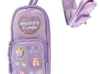 Brand Conquer Canvas School Bag Pencil Case, 3 Layer 6 Compartment Large Capacity, Aesthetic Pencil Pouch for Stationary for Kids, Pencil Case for Girls & Boys, Gift for Children (Purple)