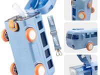 Bus Water Bottle for Kids:Car Water Cup with Straw and Strap-Leakproof Plastic Drinking Jug with Movable Wheels for Boys School Sports Camping Picnic Hiking Travel - Multi Color