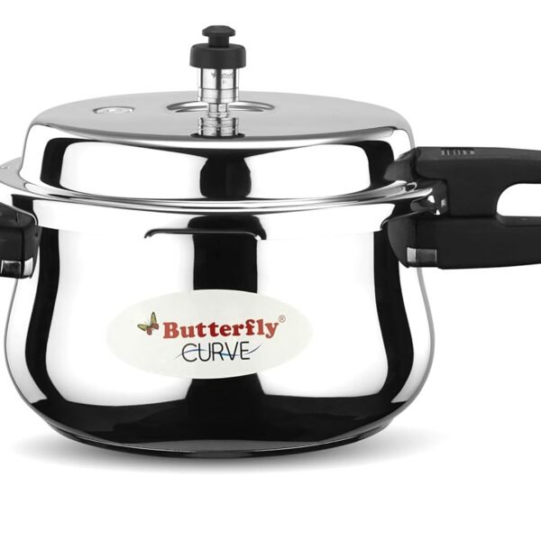 Butterfly Curve 5.5 Litres Pressure Cooker | Outer Lid | Stainless Steel | Induction & Gas Stove Compatible | ISI Certified | 5 Years Manufacturer's Warranty | Silver