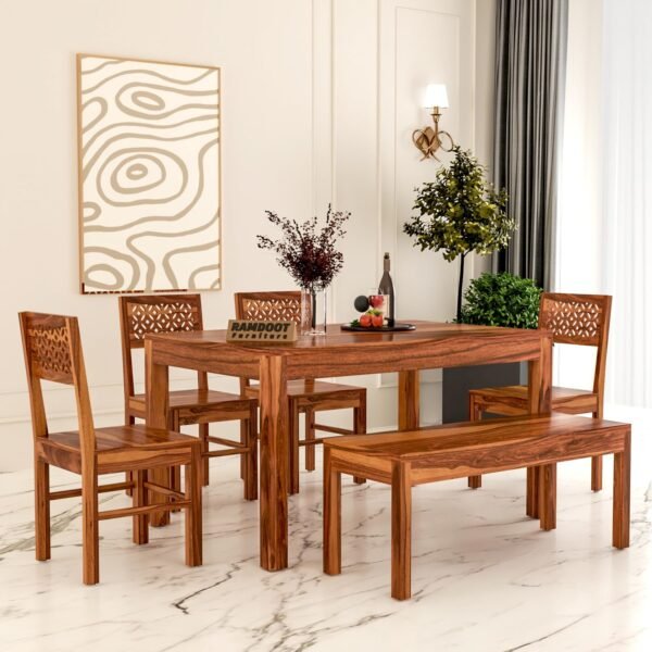 CNC Solid Sheesham Wood Dining Table Set 6 Seater | Six Seater Dining Table 6 Seater with 4 Chairs & 1 Bench for Living Room | 6 Seater Dining Set for Hotel and Restaurant |Honey
