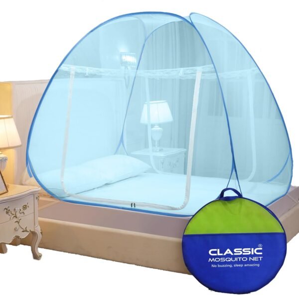 Classic Mosquito Net for Double Bed | Queen Size Foldable Machardani | Polyester 30GSM Strong Net | PVC Coated Corrosion Resistant Steel Wire - Full Blue