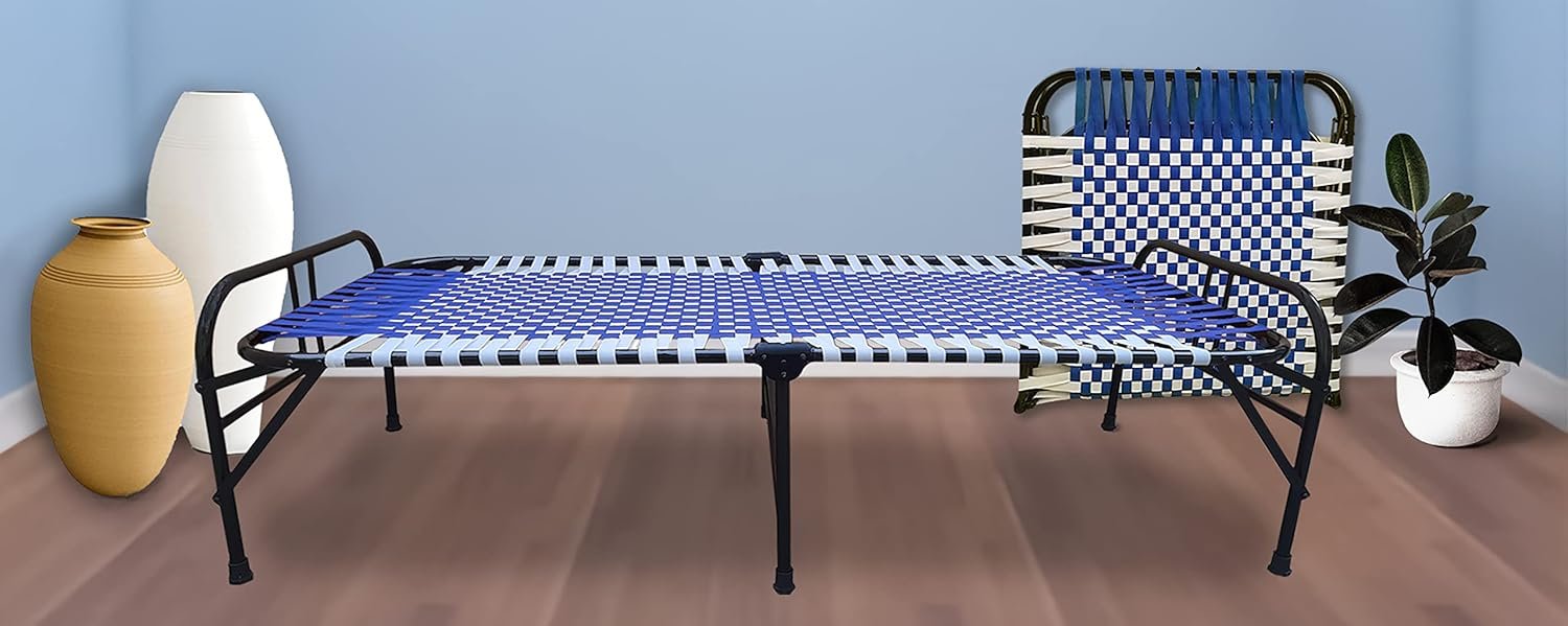 Compal Reinforced Queen Metal/Steel Single Folding Bed Frame/khat with Headboard and Stable Metal Slats Boxspring Replacement/Footboard Single Platform with 3 Support in Middle (Blue , 36"x72")